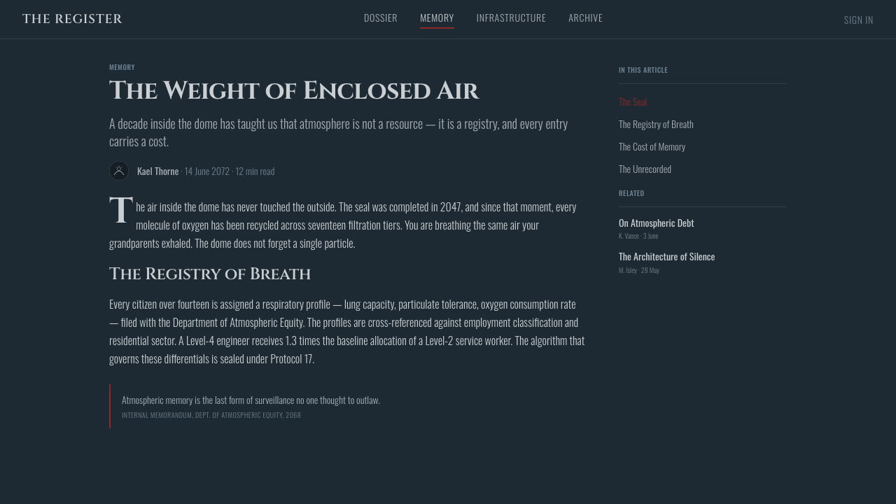 Ergo Proxy Romdeau Domes design style applied to a Article page