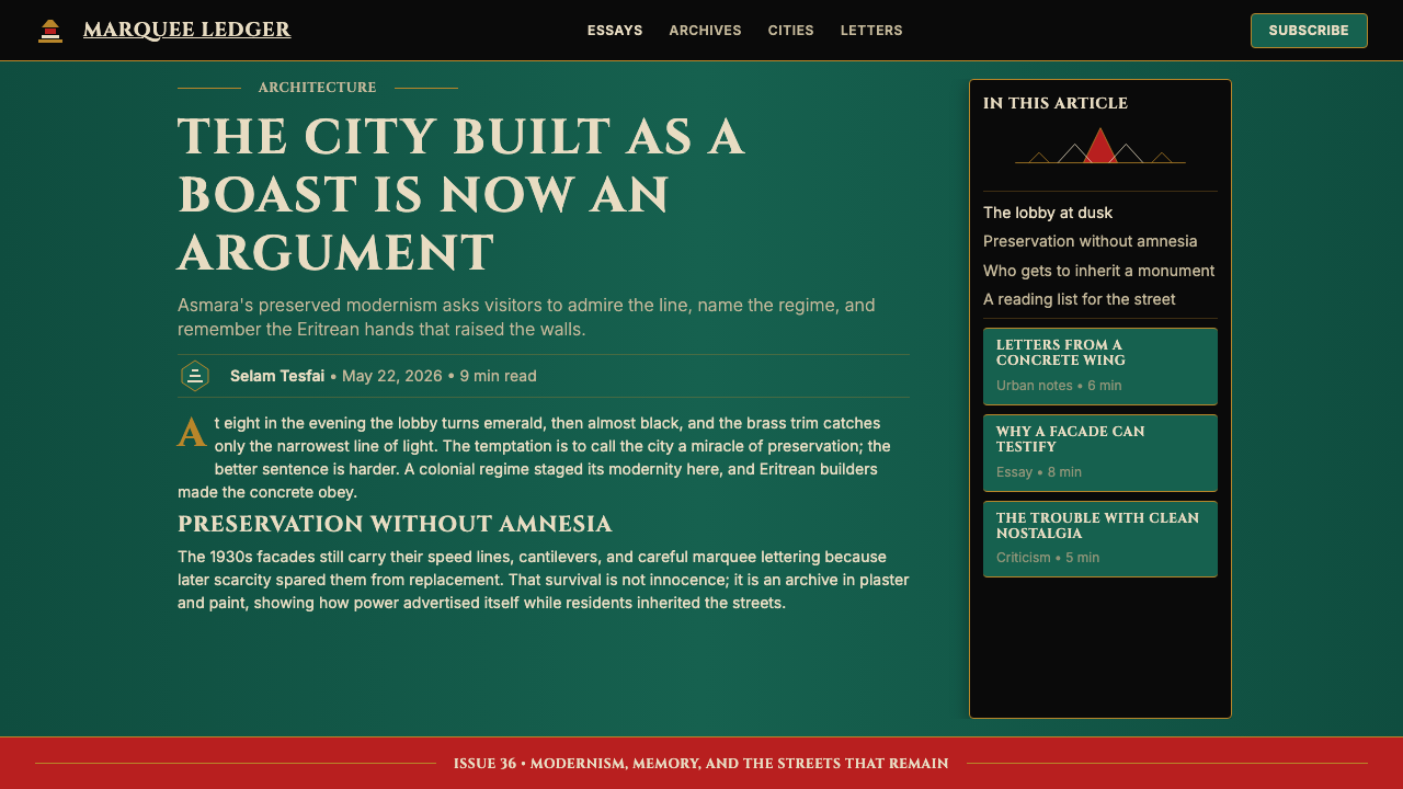 Eritrean Asmara Art Deco Cinema (1936) design style applied to a Article page