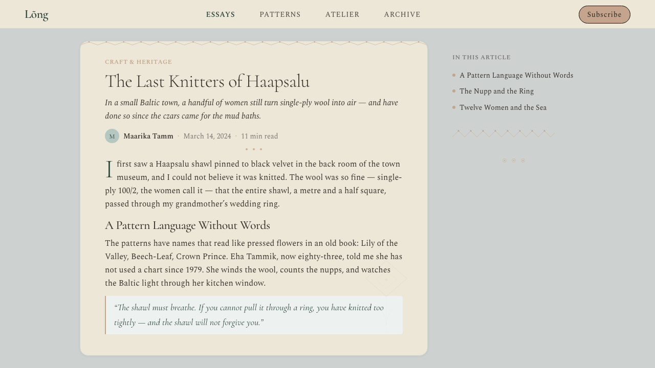 Estonian Haapsalu Lace Shawl design style applied to a Article page