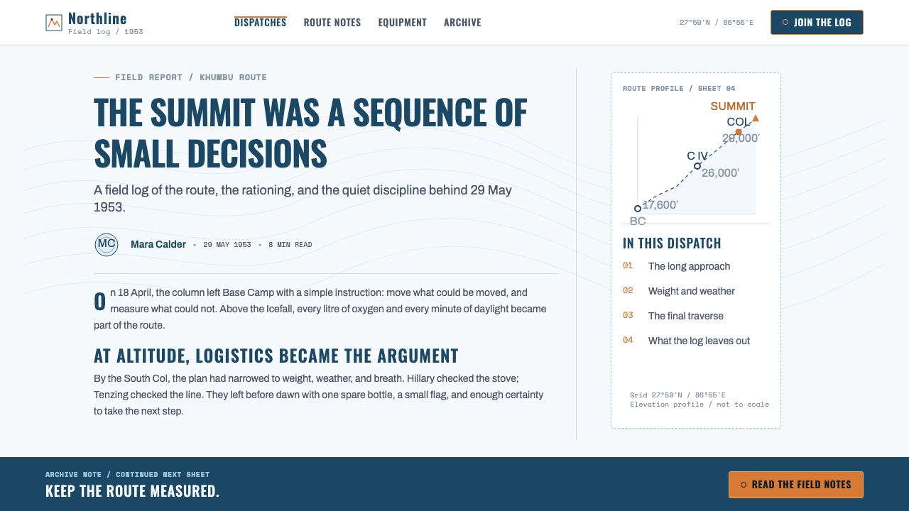 Everest Expedition (1953) design style applied to a Article page