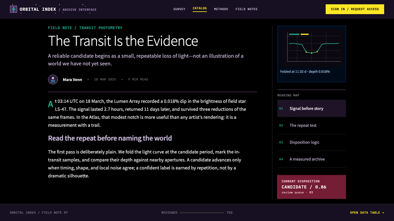 Exoplanet Survey Atlas design style applied to a Article page