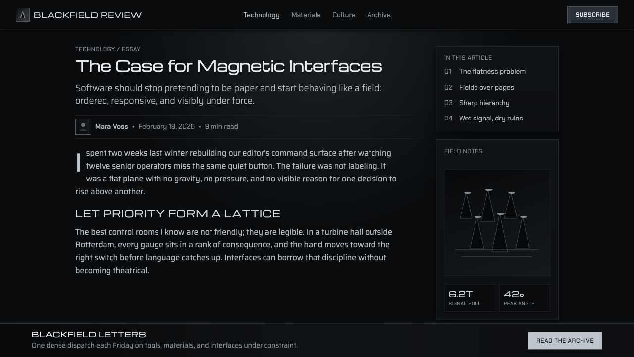Ferrofluid Spike Field design style applied to a Article page