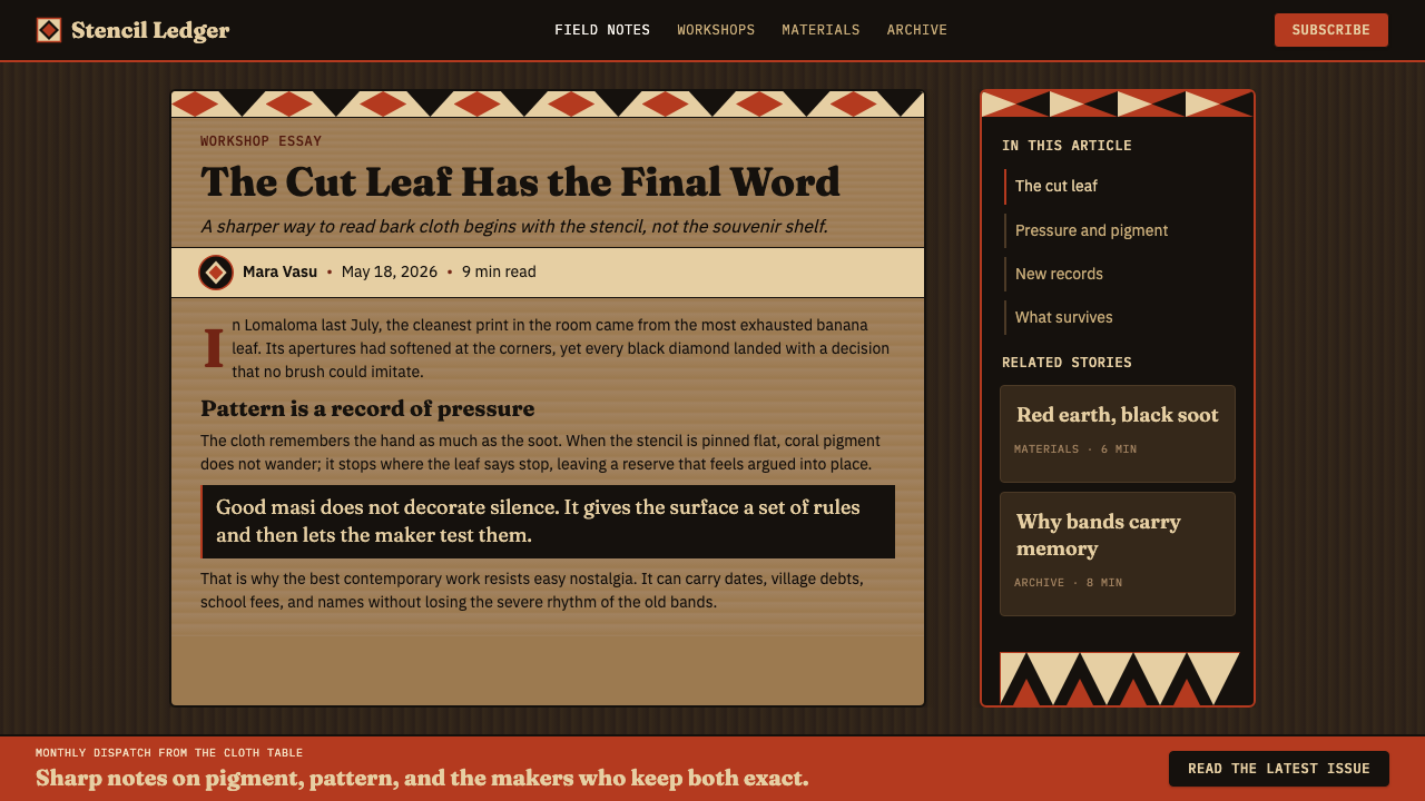Fijian Masi (Bark Stencil) design style applied to a Article page