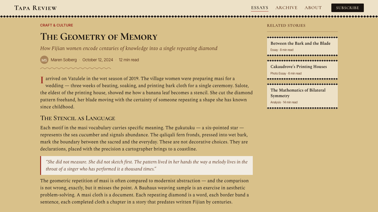 Fijian Masi Tapa Stencil design style applied to a Article page