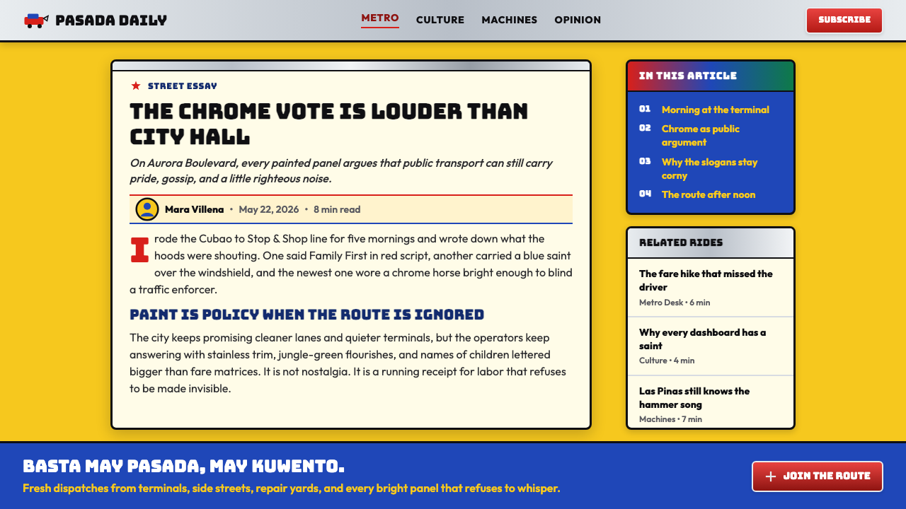 Filipino Jeepney (Chrome & Streamer) design style applied to a Article page