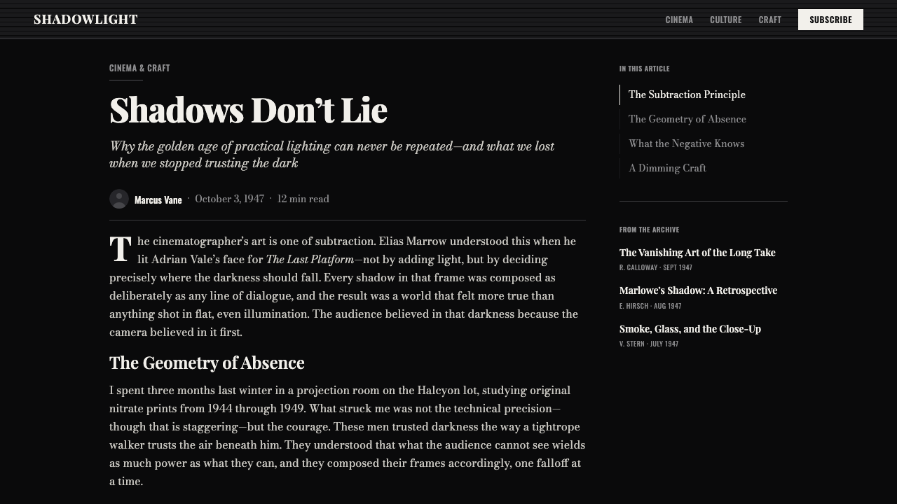 Film Noir Chiaroscuro design style applied to a Article page