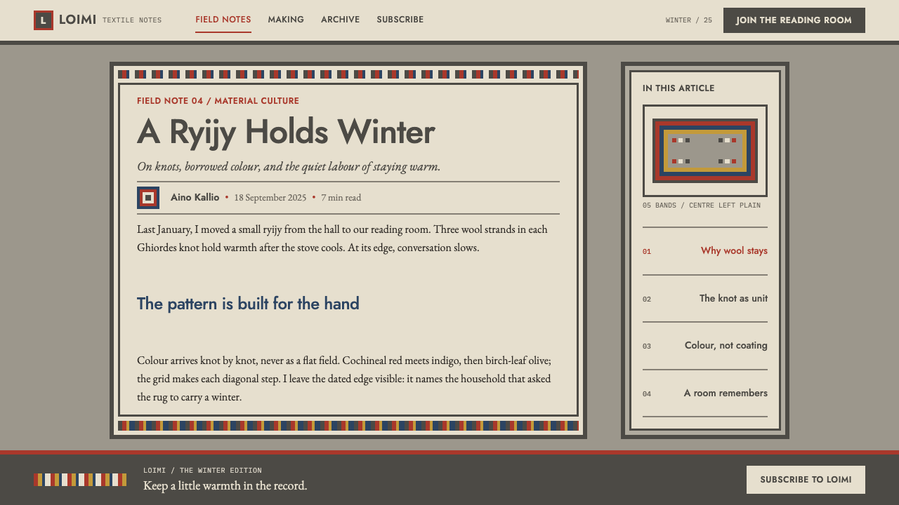 Finnish Ryijy design style applied to a Article page