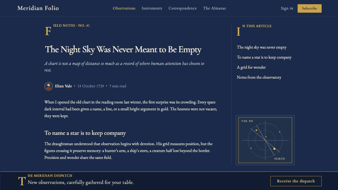 Flamsteed Atlas Coelestis design style applied to a Article page