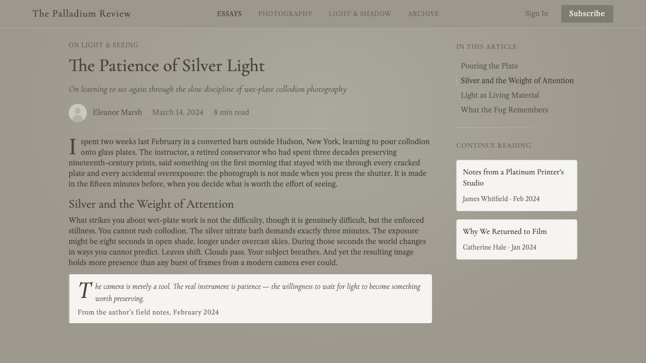 Pictorialist Fog Tonalism design style applied to a Article page