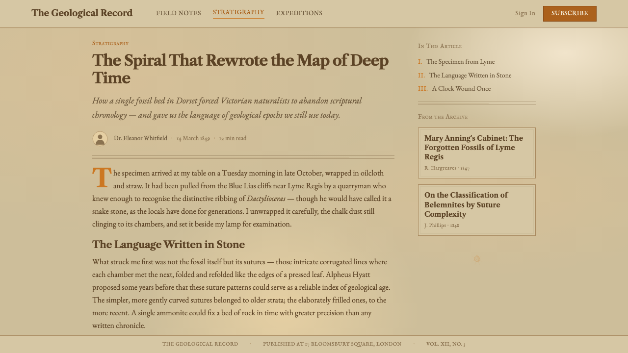 Ammonite Fossil Plate design style applied to a Article page
