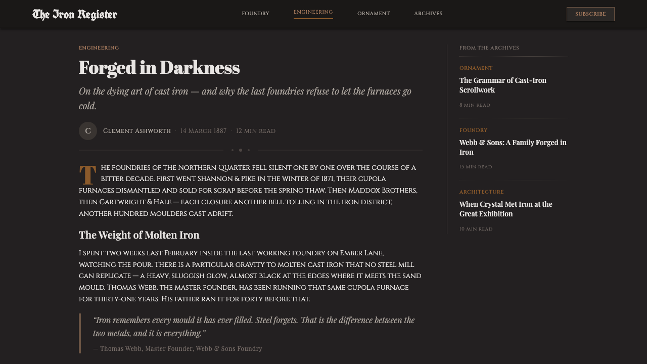 Victorian Cast Iron Foundry design style applied to a Article page