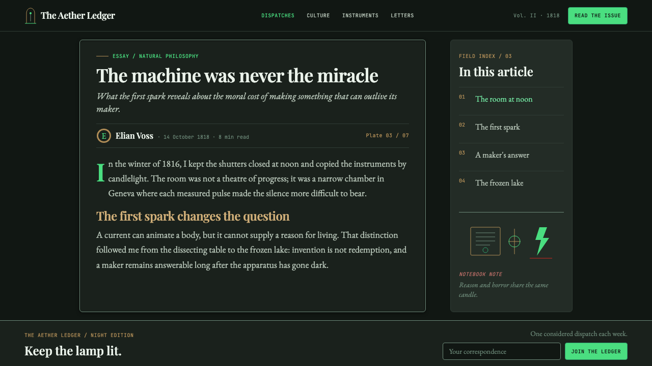 Frankenstein (1818) design style applied to a Article page