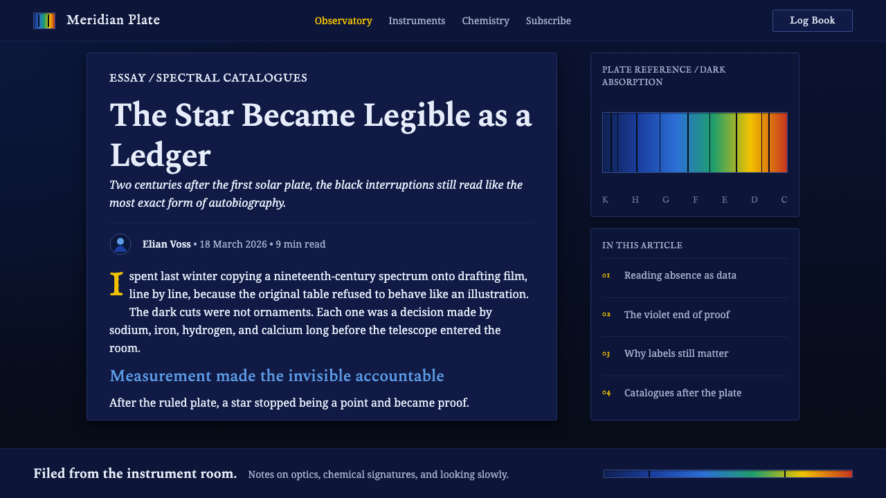 Fraunhofer Spectral Lines design style applied to a Article page