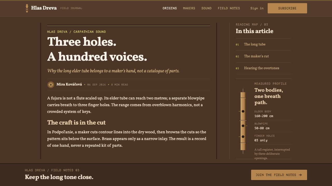Fujara Flute design style applied to an Article page