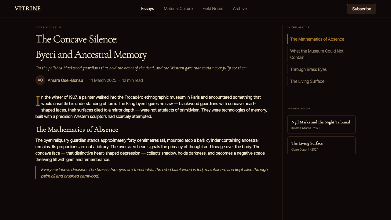 Gabonese Fang Mask & Byeri design style applied to a Article page