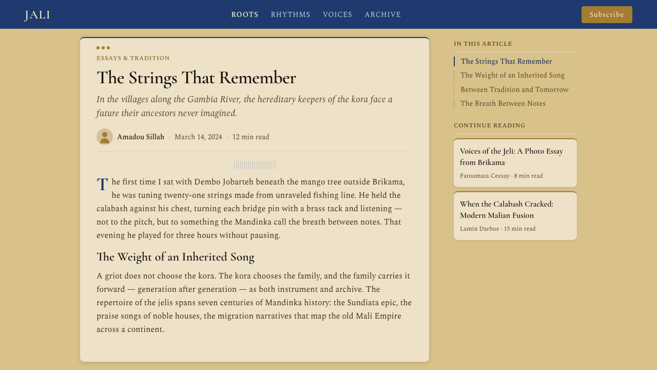 Gambian Griot Kora (21-string) design style applied to a Article page