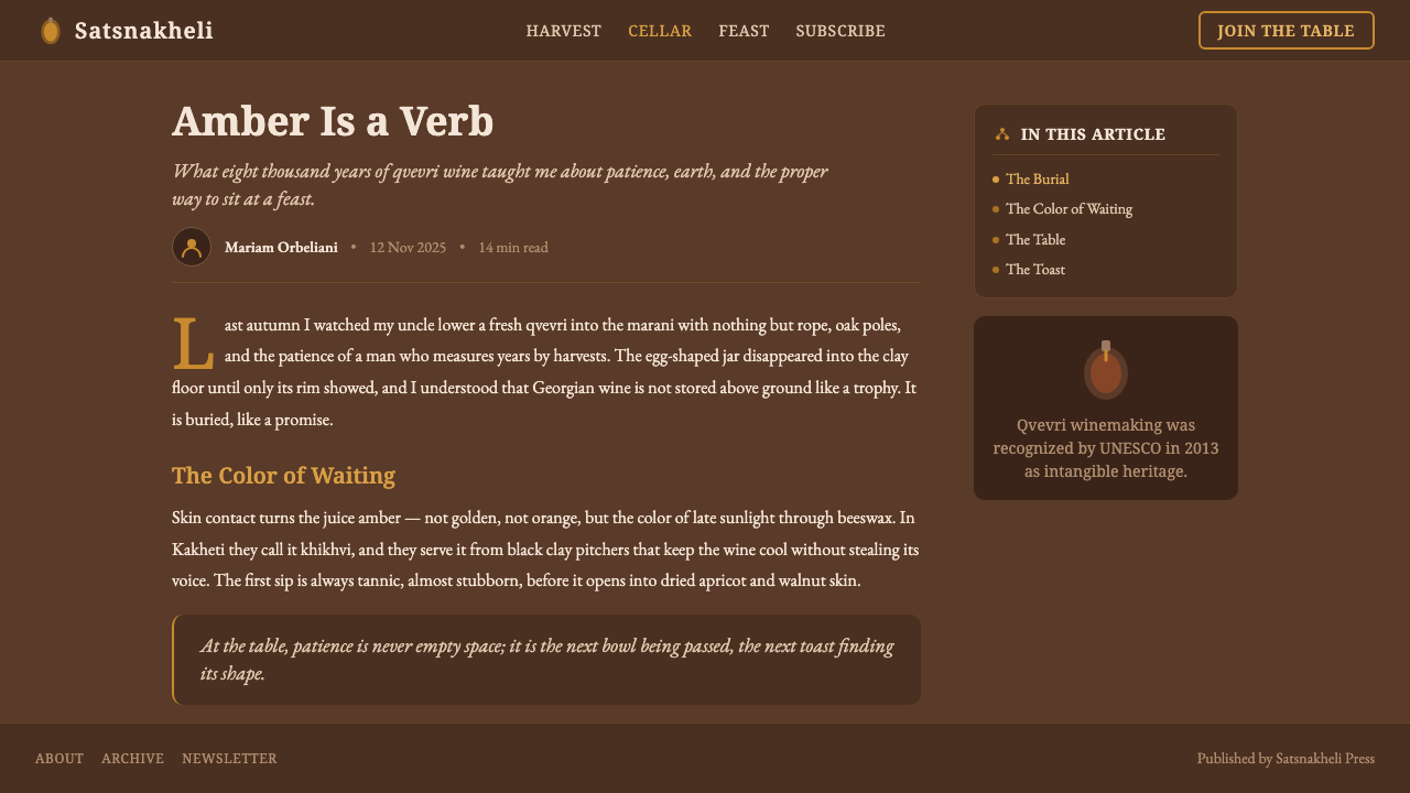 Georgian Qvevri Supra Feast design style applied to a Article page
