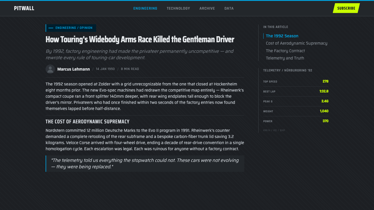 DTM Touring Car design style applied to a Article page