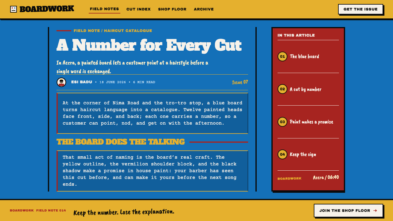 Ghana Barber Shop Signs design style applied to an Article page