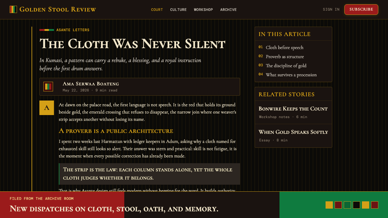 Ghanaian Kente (Asante Royal Gold) design style applied to a Article page