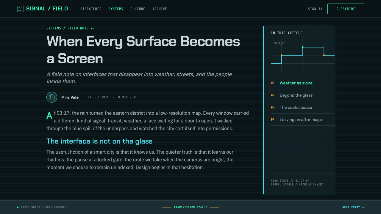 Ghost in the Shell (1995) design style applied to a Article page