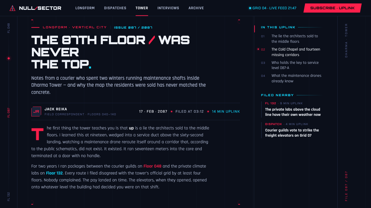 Ghostrunner Dharma Tower design style applied to a Article page