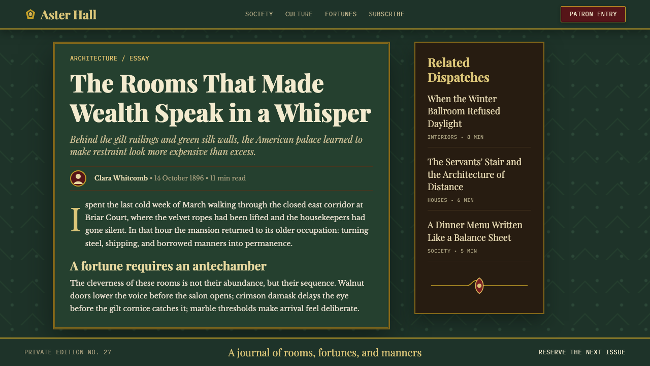Gilded Age Newport design style applied to a Article page