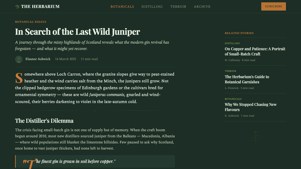 Gin Botanical design style applied to a Article page
