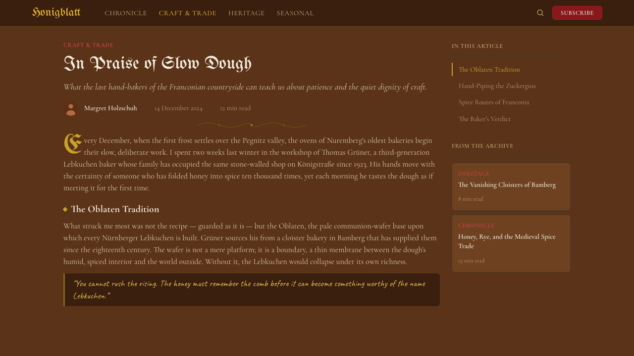 Nuremberg Lebkuchen design style applied to a Article page