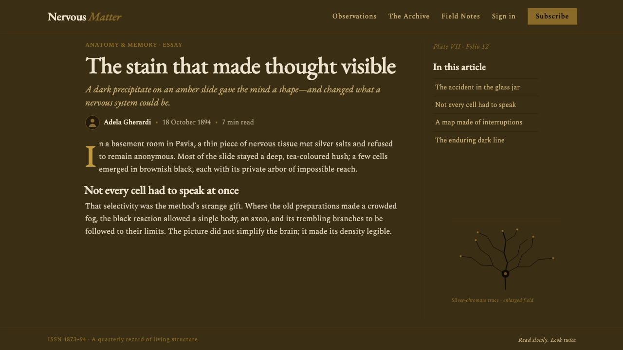 Golgi Neuron Silver Stain design style applied to a Article page