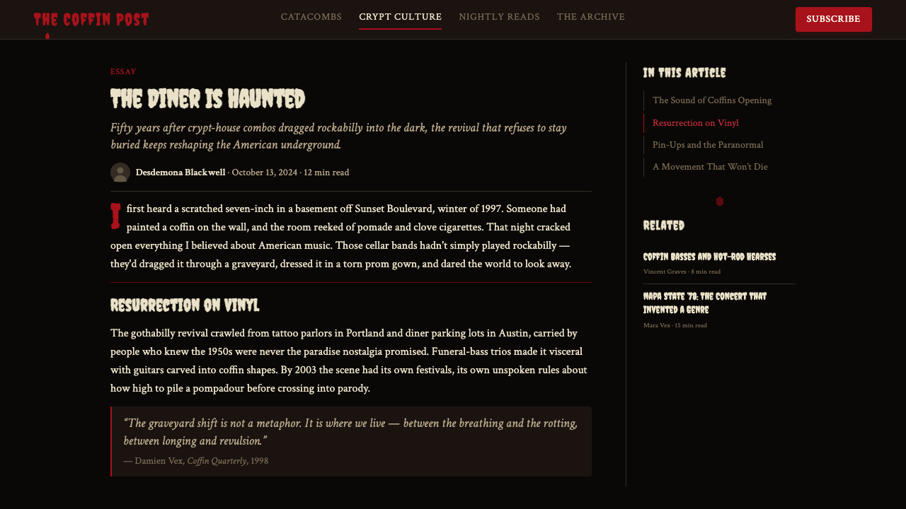 Gothabilly Horror Revival design style applied to a Article page