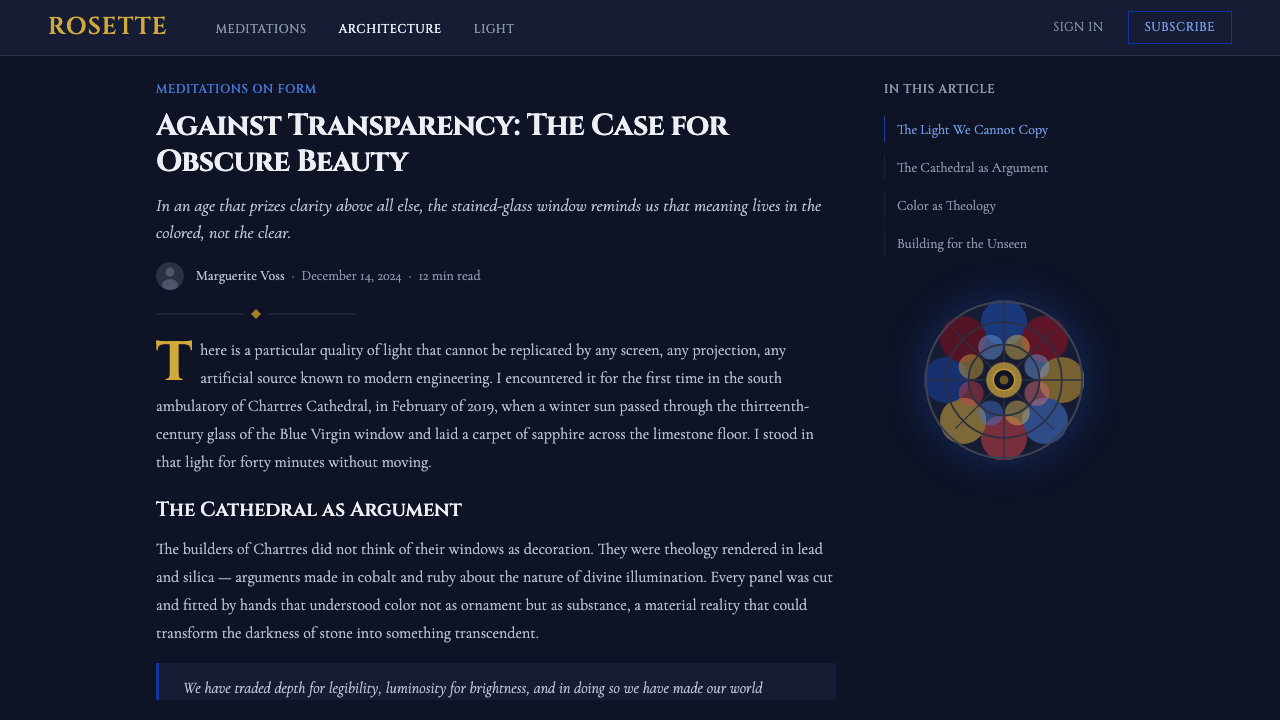 Gothic Rose Window design style applied to a Article page