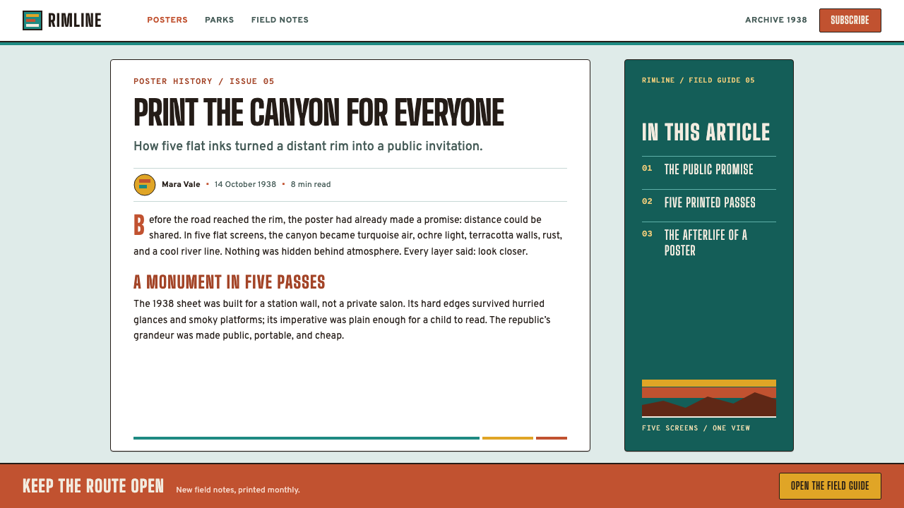 Grand Canyon WPA (1938) design style applied to a Article page
