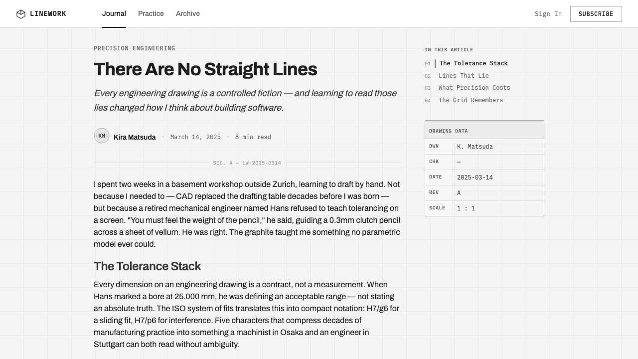 Graphite Technical Drawing design style applied to a Article page