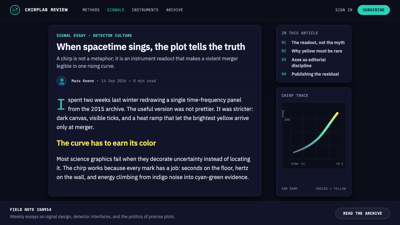 Gravitational Wave Chirp design style applied to a Article page