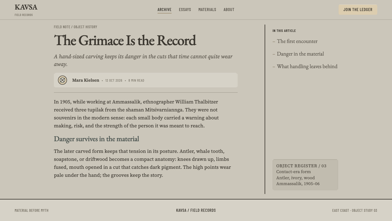 Greenlandic Tupilak design style applied to an Article page