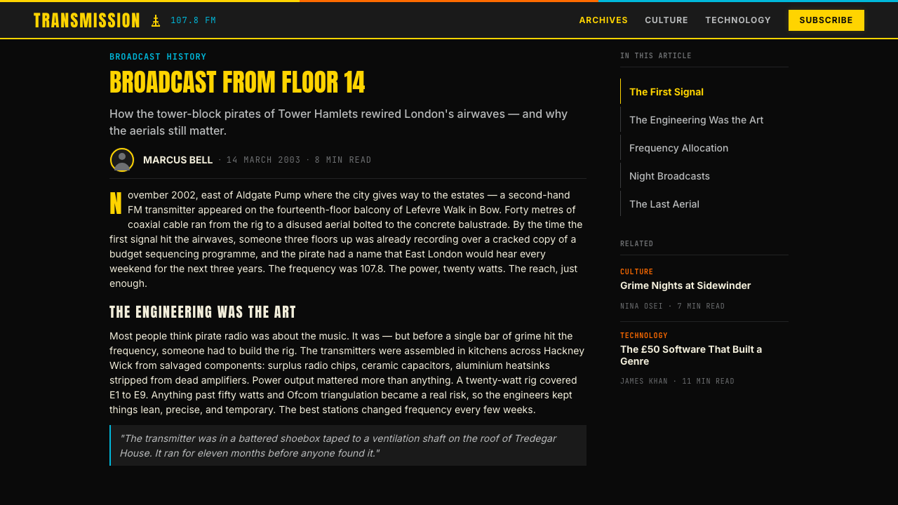 Grime London Pirate Radio (2003) design style applied to a Article page