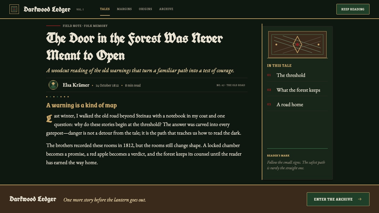 Grimm Fairy Tales (Black Forest Woodcut) design style applied to a Article page