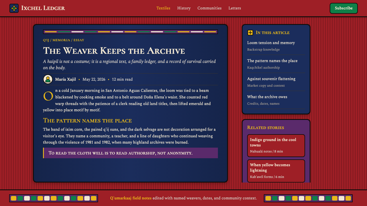 Guatemalan Huipil Maya Weave design style applied to a Article page