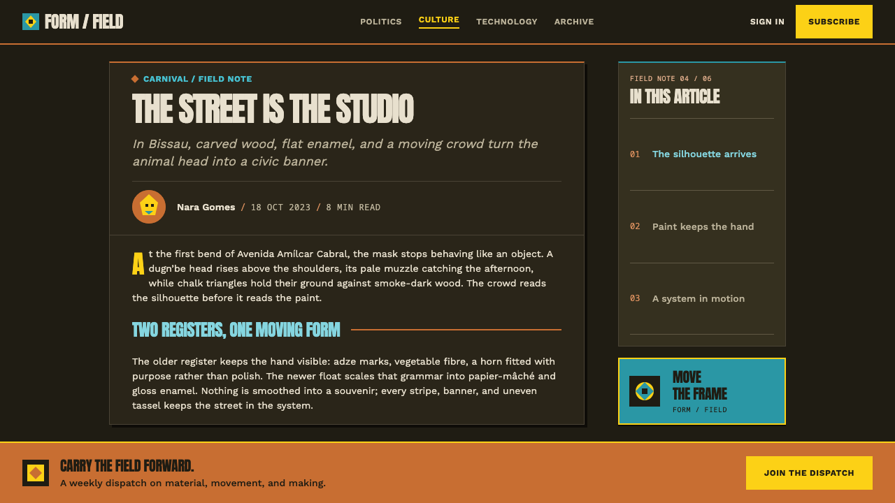 Bissau Carnival Mask design style applied to a Article page