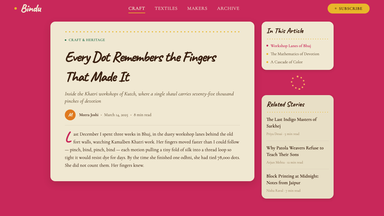 Gujarati Bandhani Tie-Dye design style applied to a Article page