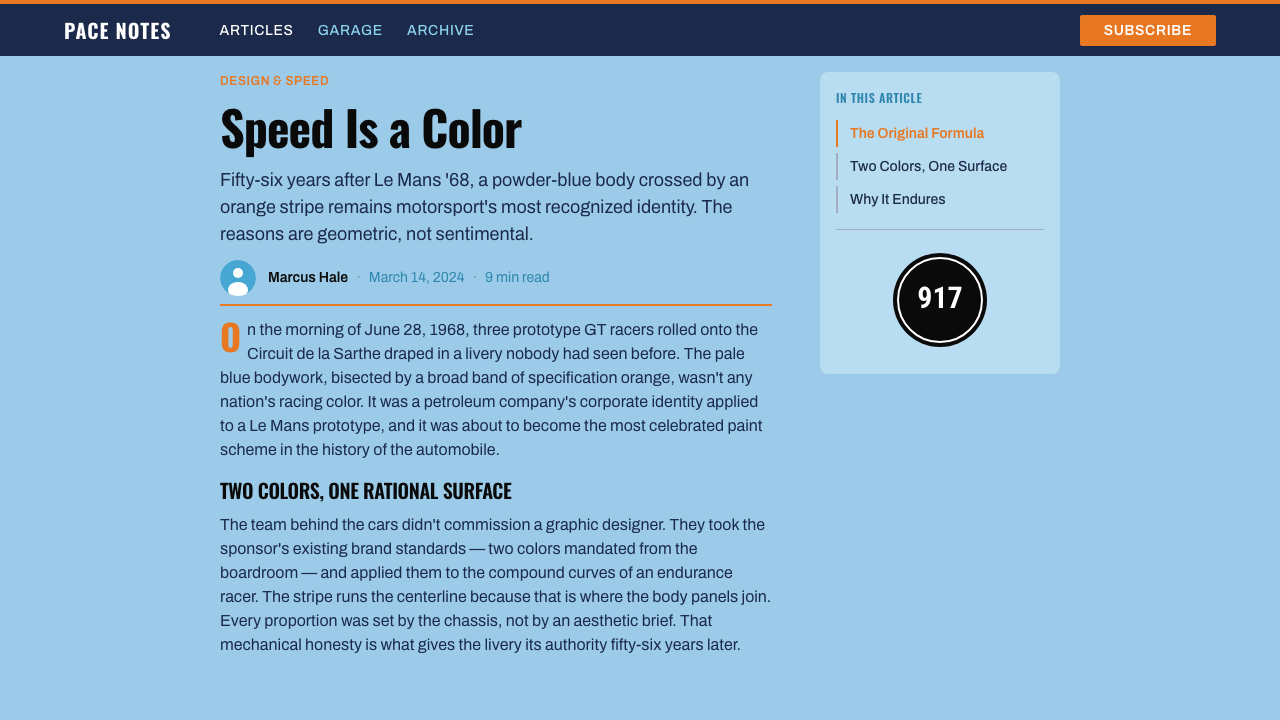 Gulf Racing Livery design style applied to a Article page