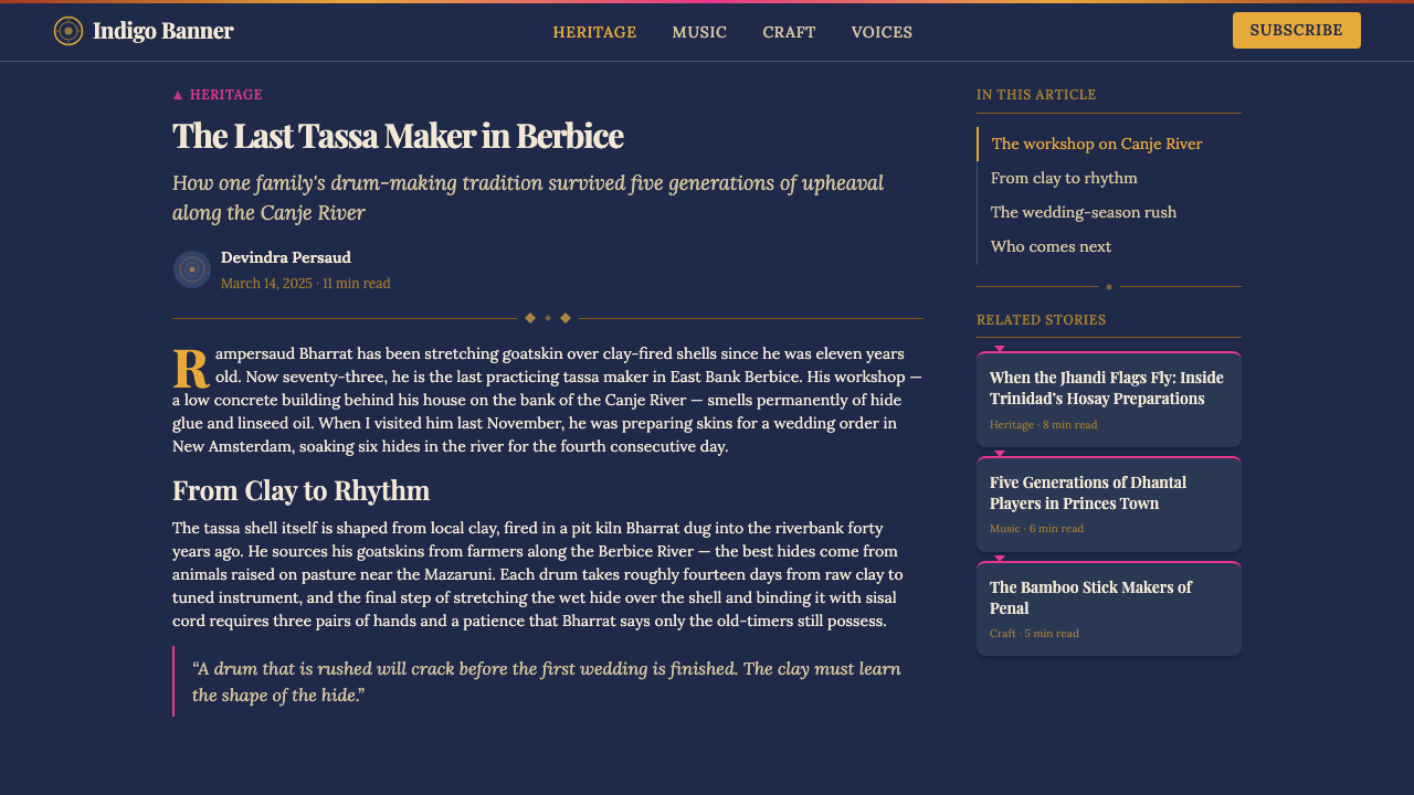 Guyanese Tassa Drum design style applied to a Article page