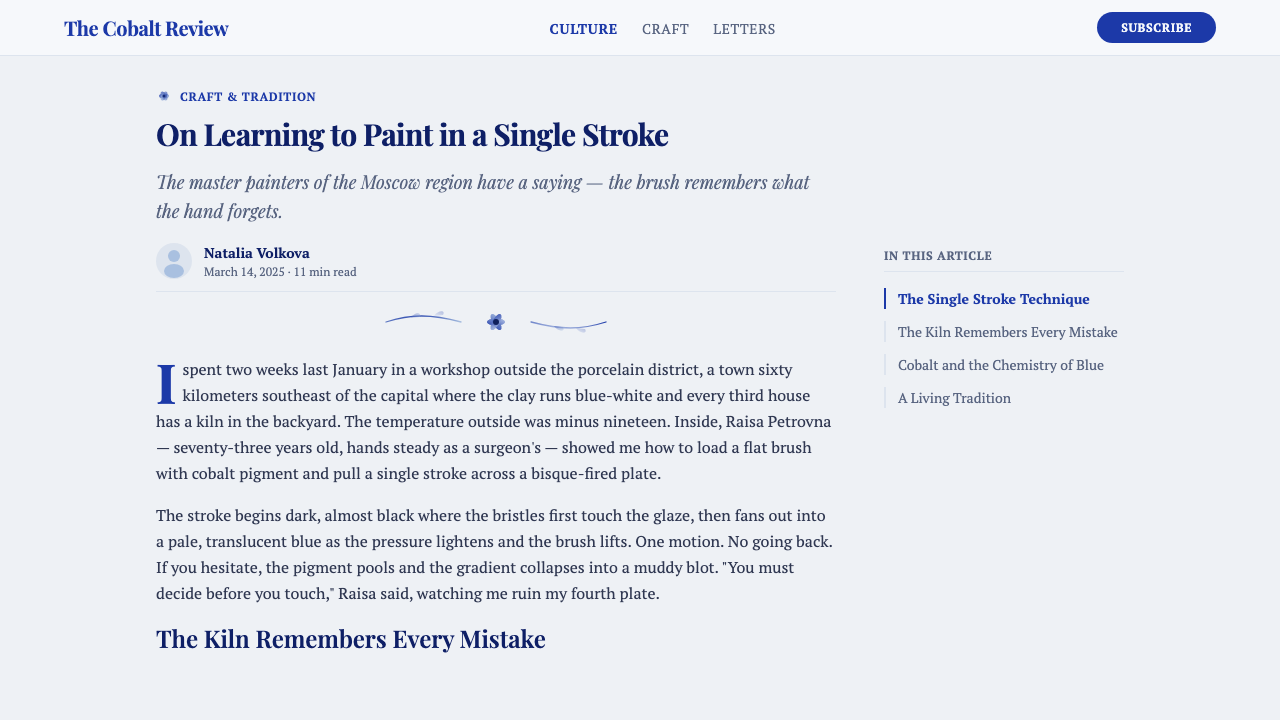 Gzhel Blue Porcelain design style applied to a Article page