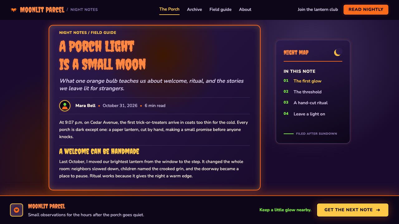 Halloween Jack-o'-Lantern design style applied to a Article page