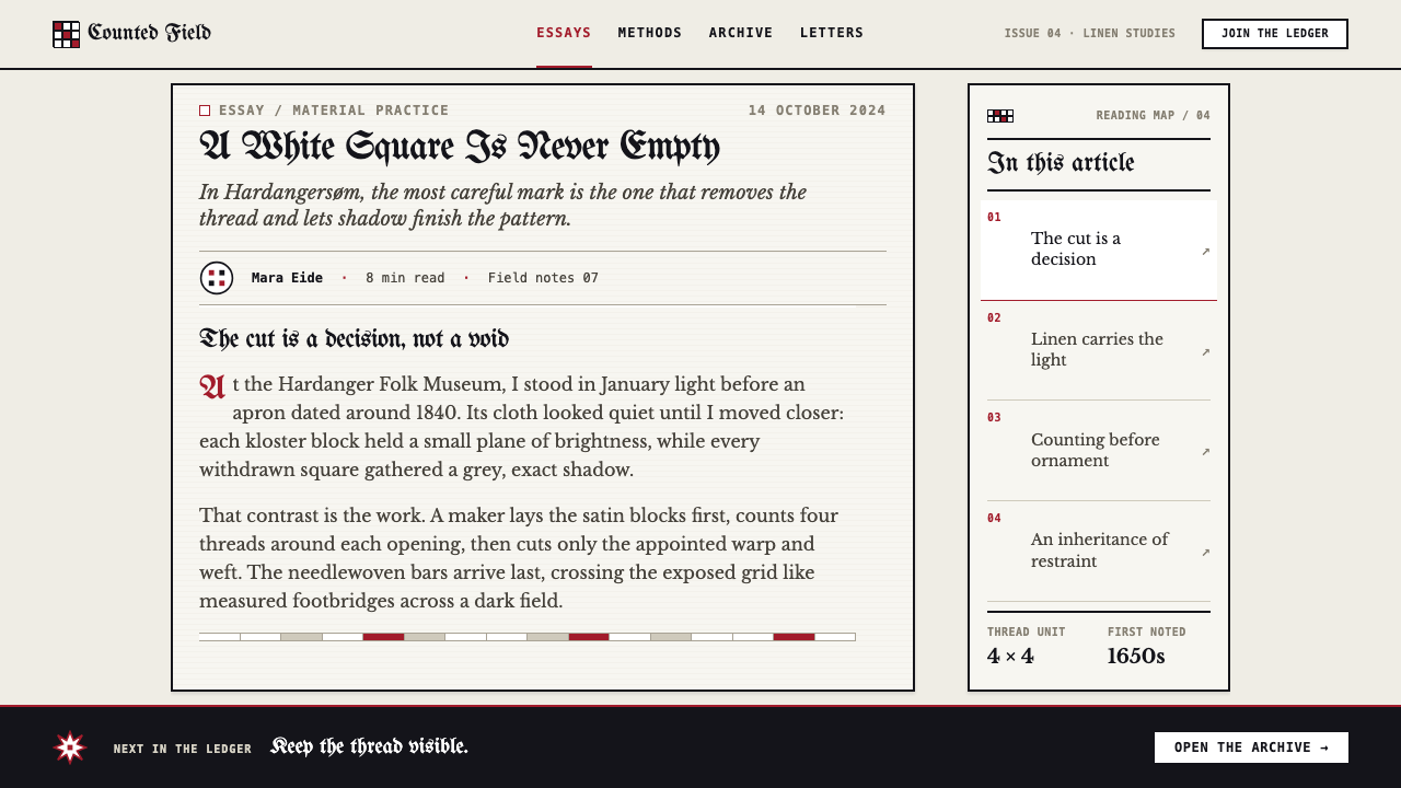 Hardangersøm Whitework design style applied to a Article page