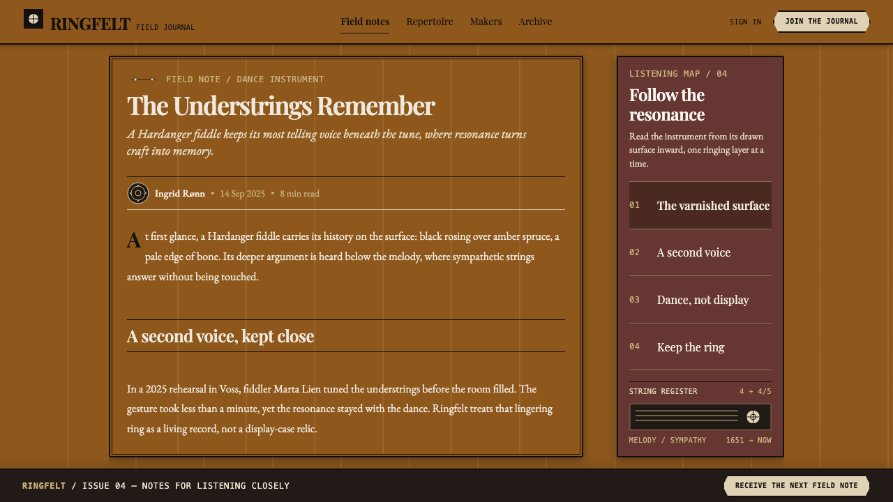 Hardingfele Rosing design style applied to an Article page