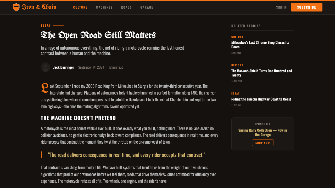 Harley Orange & Black design style applied to a Article page