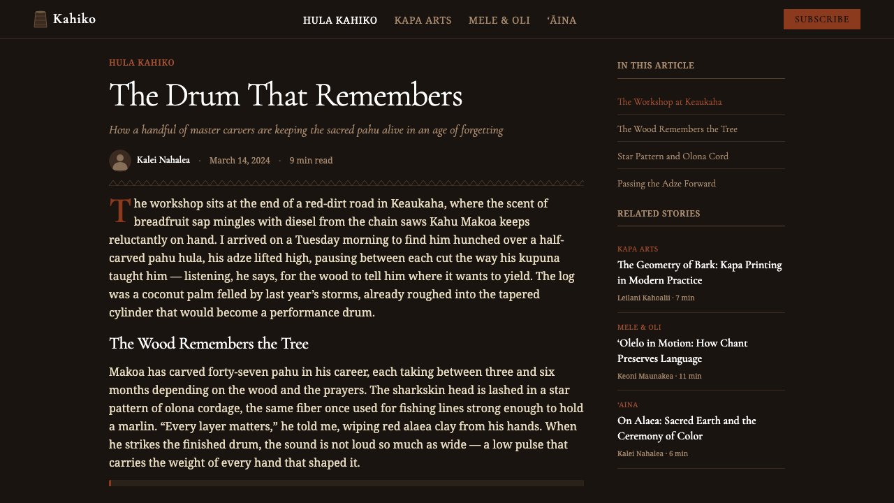 Hawaiian Hula Pahu Drum design style applied to a Article page