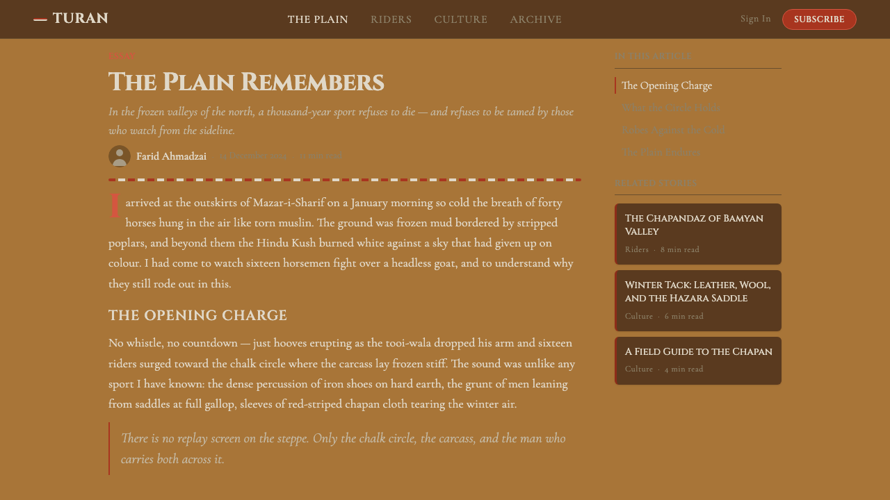 Hazara Buzkashi (Goat-Carcass Polo) design style applied to a Article page